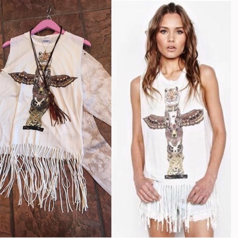 Lauren Moshi Esme Fringe Totem Pole Spirit Animal Muscle Tee SMALL